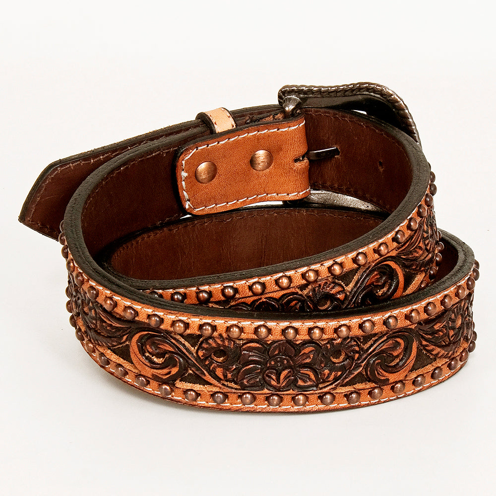 BAR H EQUINE Floral Genuine Hand Tooled Western Fashion Premium Leather Belt Brown