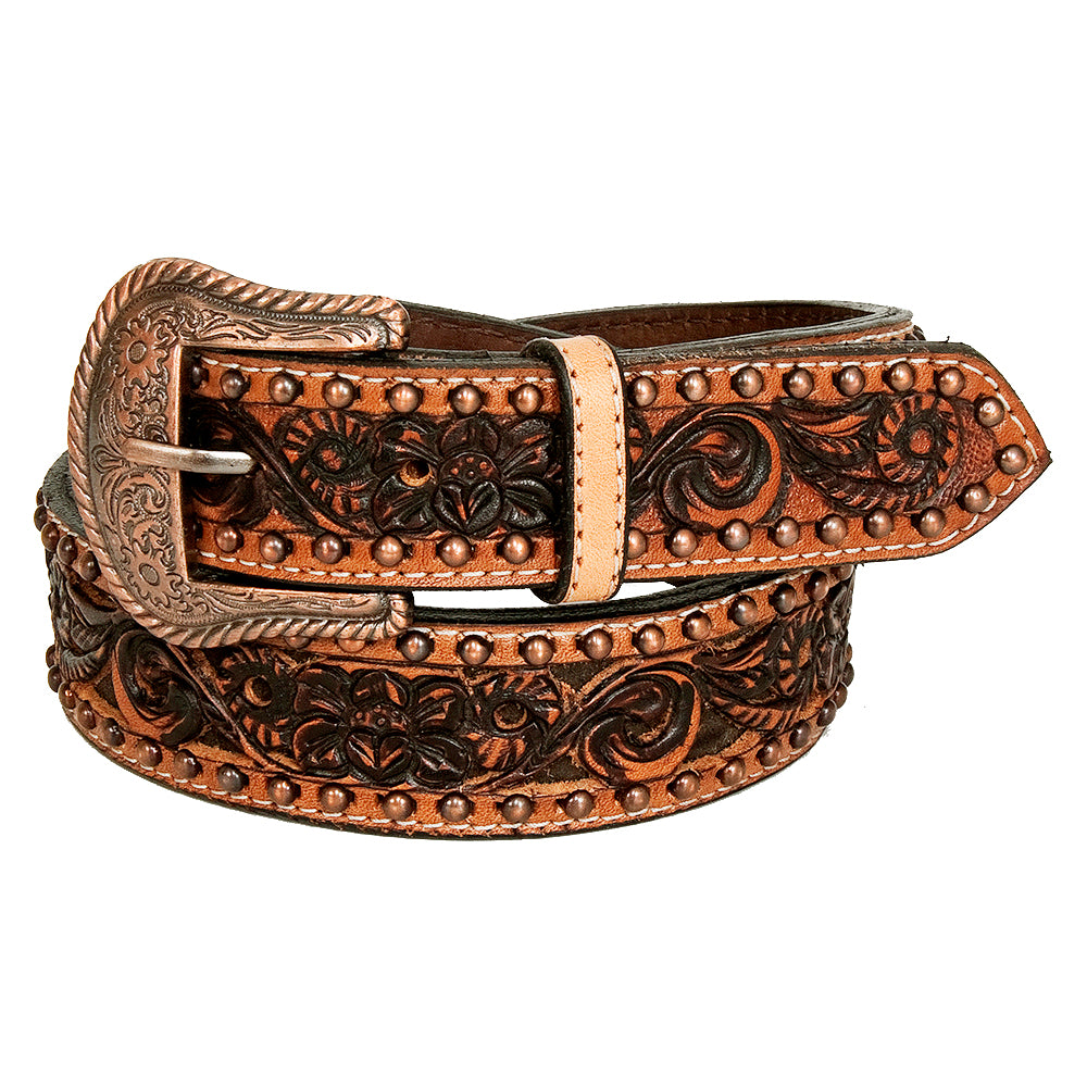 BAR H EQUINE Floral Genuine Hand Tooled Western Fashion Premium Leather Belt Brown