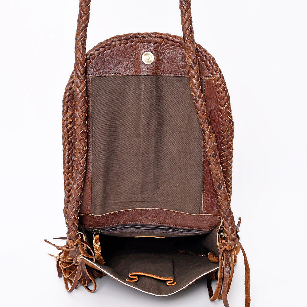 American Darling Messenger Bag Western Genuine Leather Handcrafted Purse with Fringes, Braided Strap and Turquoise Stone