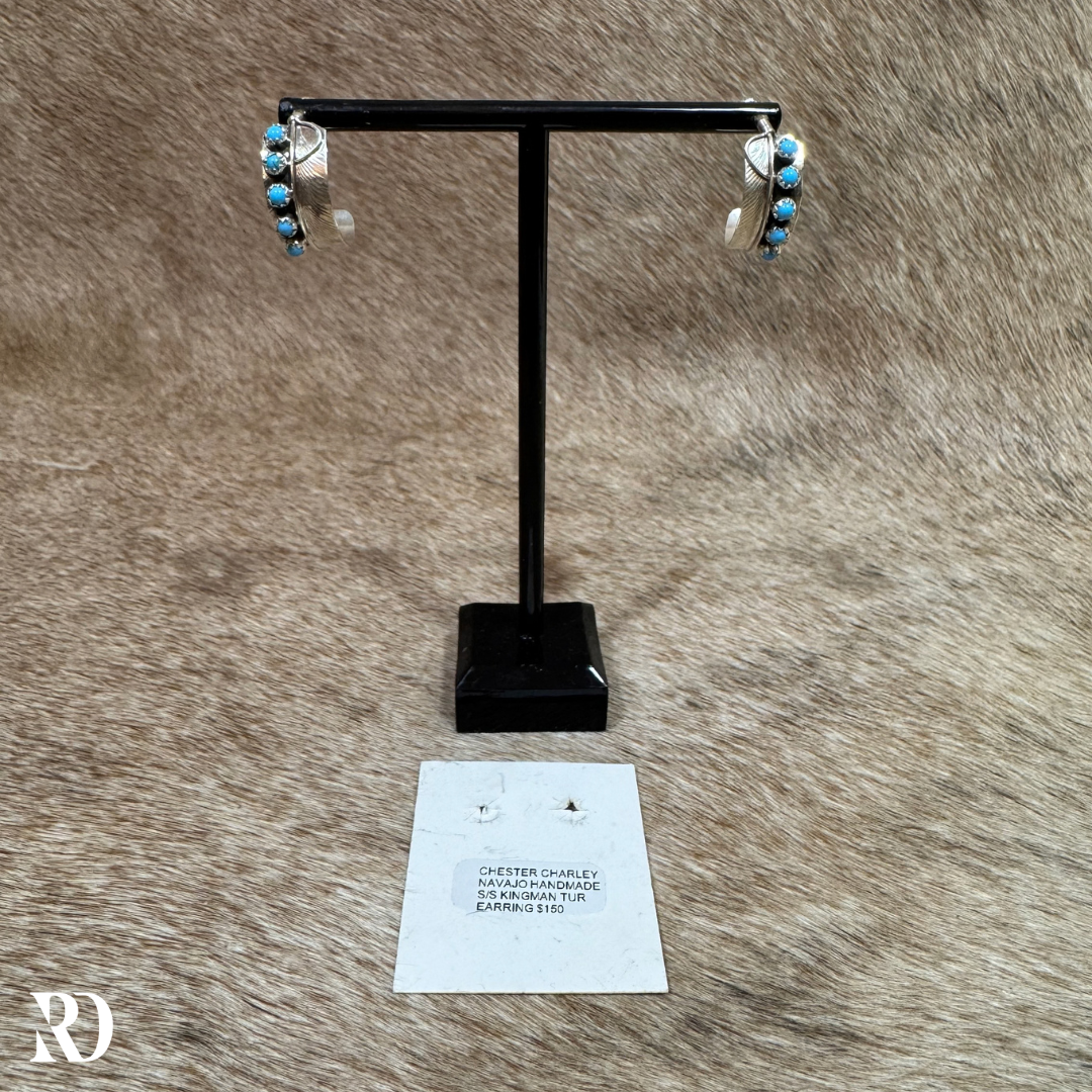 Small Feathered Hoop With Kingman Turquoise Earrings By Chester Charley — view 4