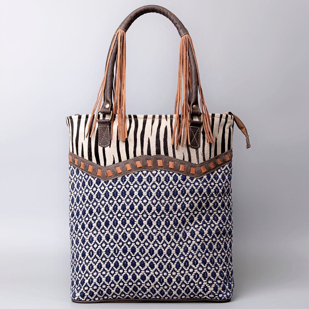 OHLAY Upcycled Wool Canvas Hair-On Genuine Leather Tote