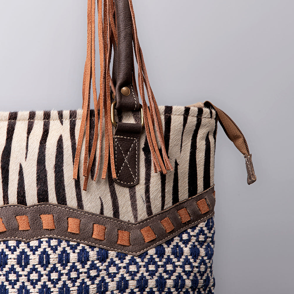 OHLAY Upcycled Wool Canvas Hair-On Genuine Leather Tote