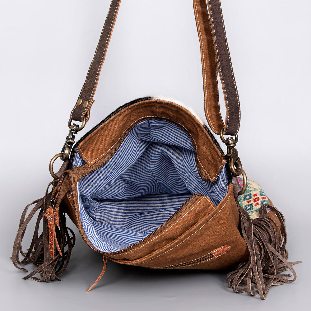 Ohlay Crossbody Upcycled Wool Upcycled Canvas Embossed Hair-On Genuine Leather