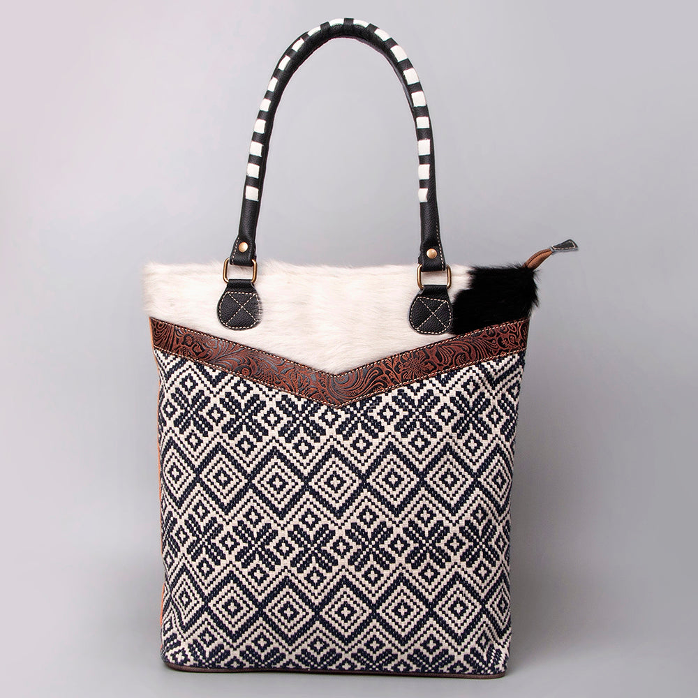 OHLAY Upcycled Wool Canvas Embossed Hair-On Genuine Leather Tote