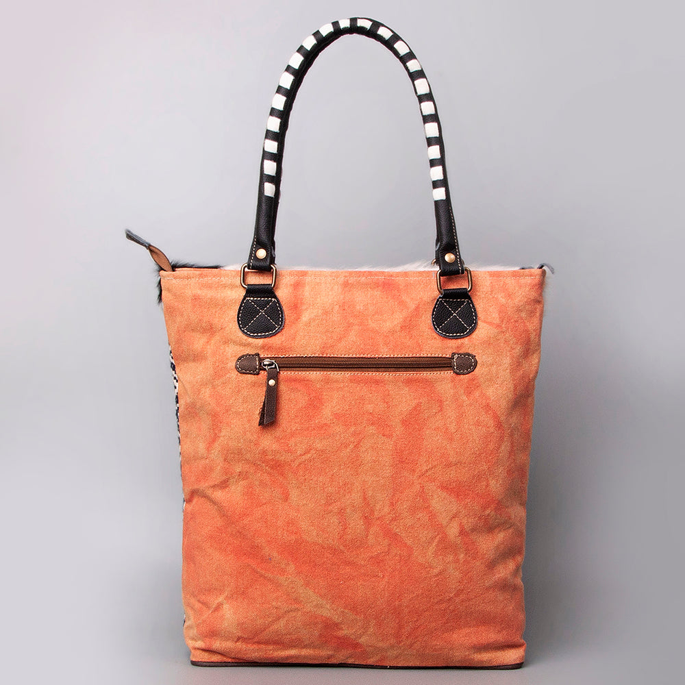 OHLAY Upcycled Wool Canvas Embossed Hair-On Genuine Leather Tote