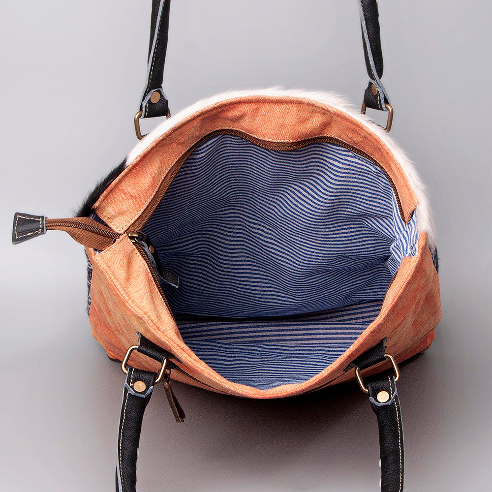 OHLAY Upcycled Wool Canvas Embossed Hair-On Genuine Leather Tote
