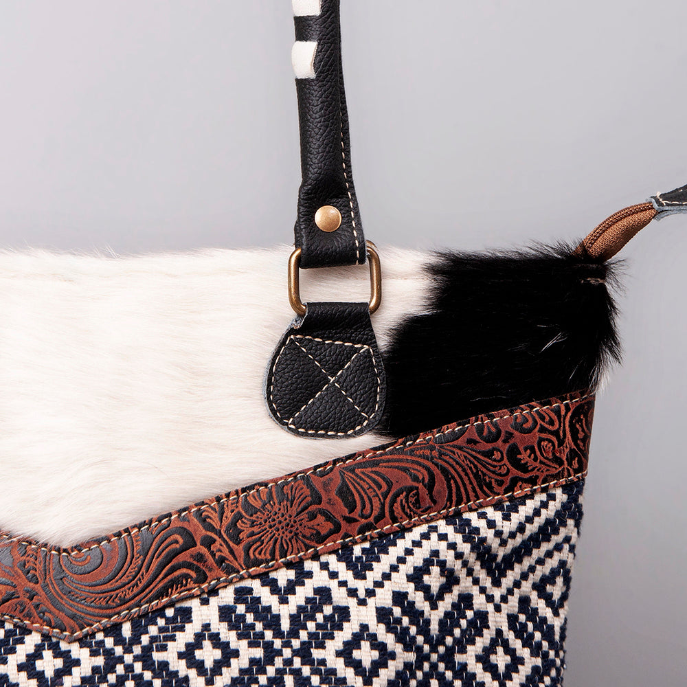 OHLAY Upcycled Wool Canvas Embossed Hair-On Genuine Leather Tote