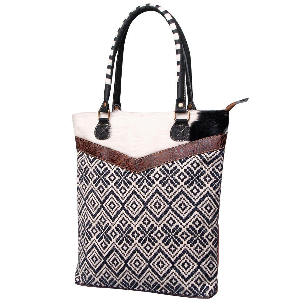 OHLAY Upcycled Wool Canvas Embossed Hair-On Genuine Leather Tote