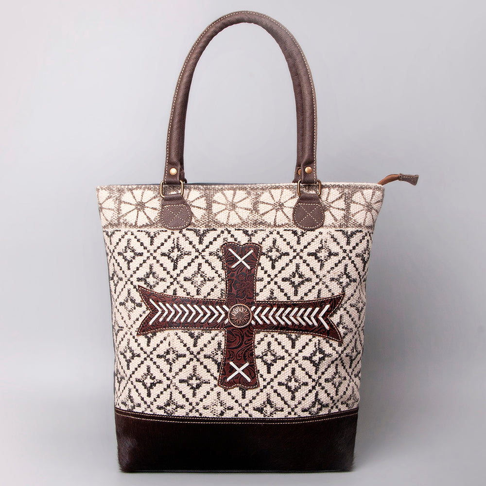 OHLAY Upcycled Wool Canvas Embossed Genuine Leather Tote
