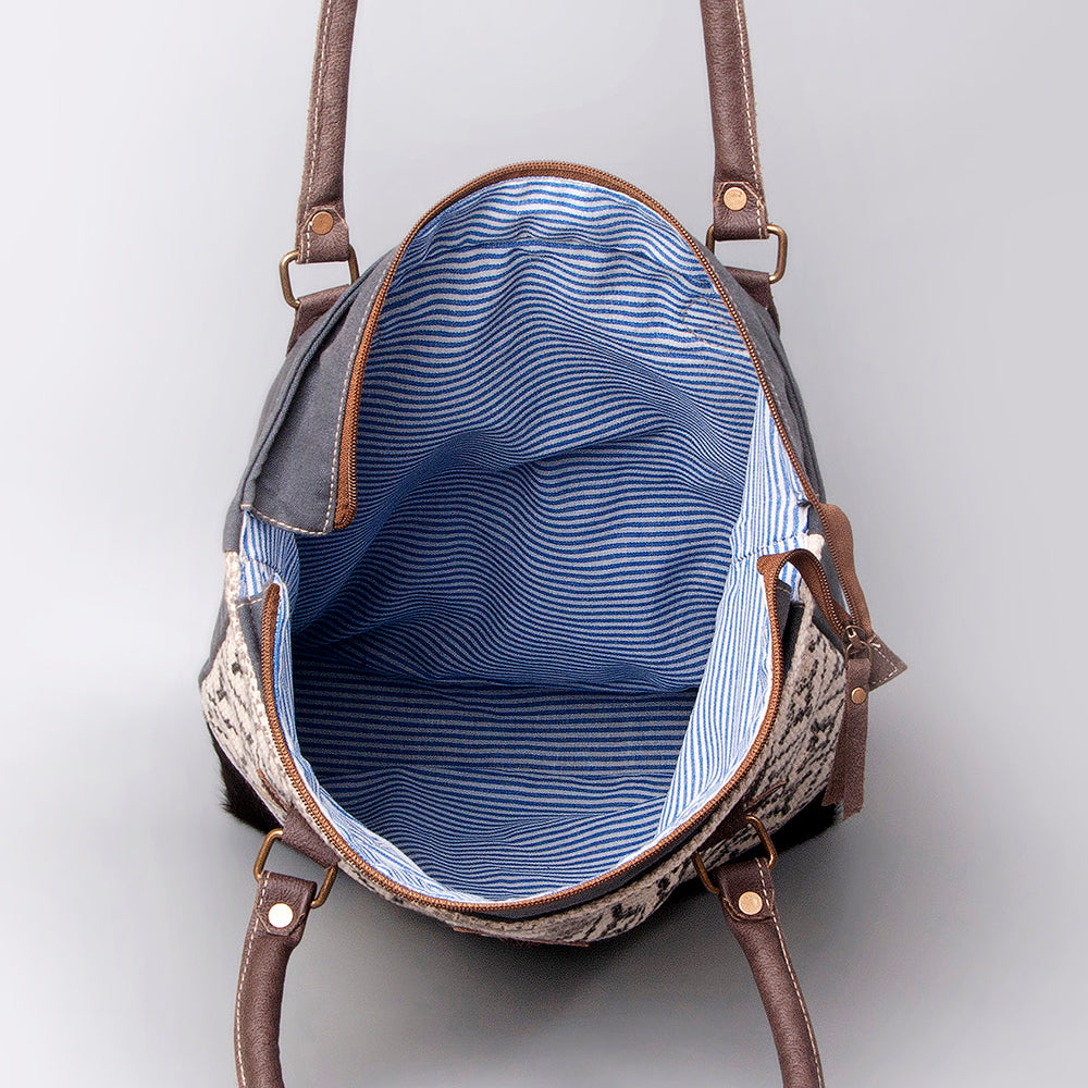 OHLAY Upcycled Wool Canvas Embossed Genuine Leather Tote