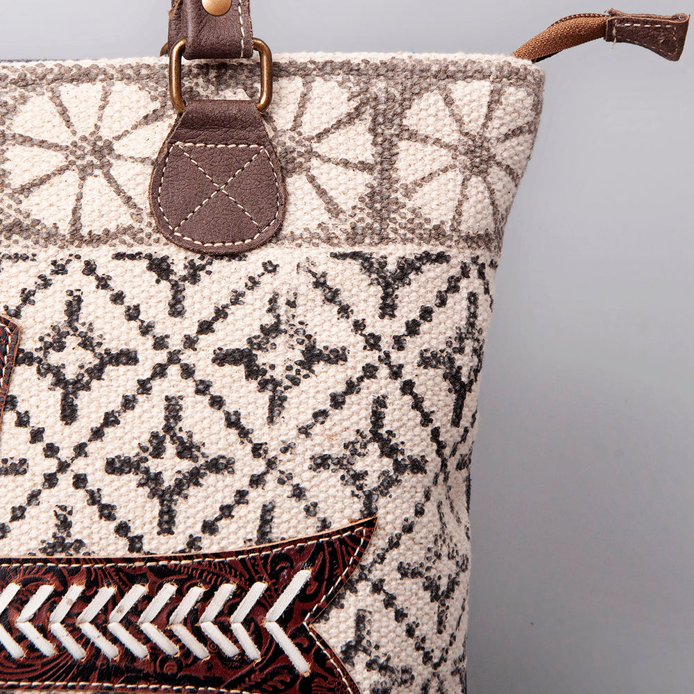 OHLAY Upcycled Wool Canvas Embossed Genuine Leather Tote