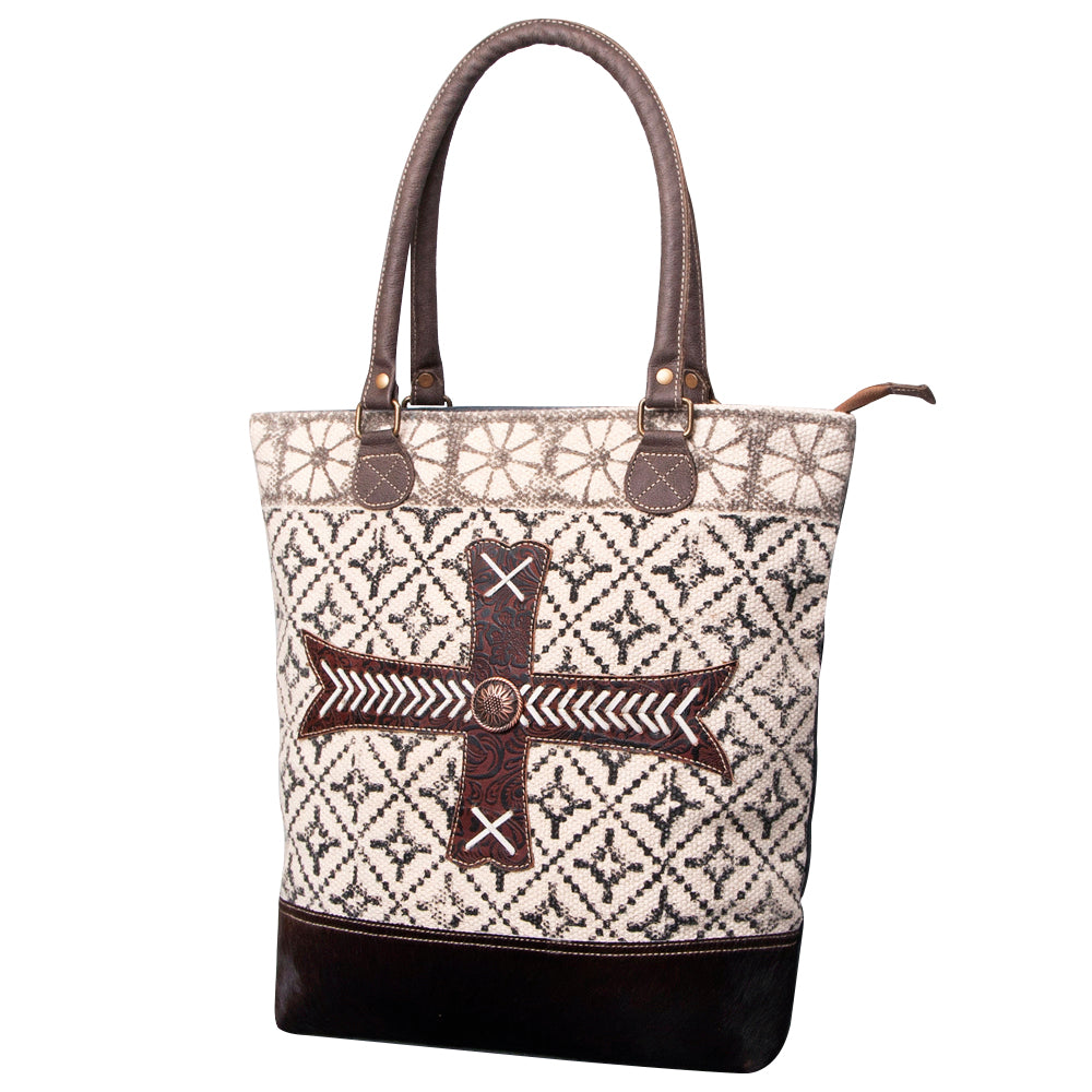 OHLAY Upcycled Wool Canvas Embossed Genuine Leather Tote