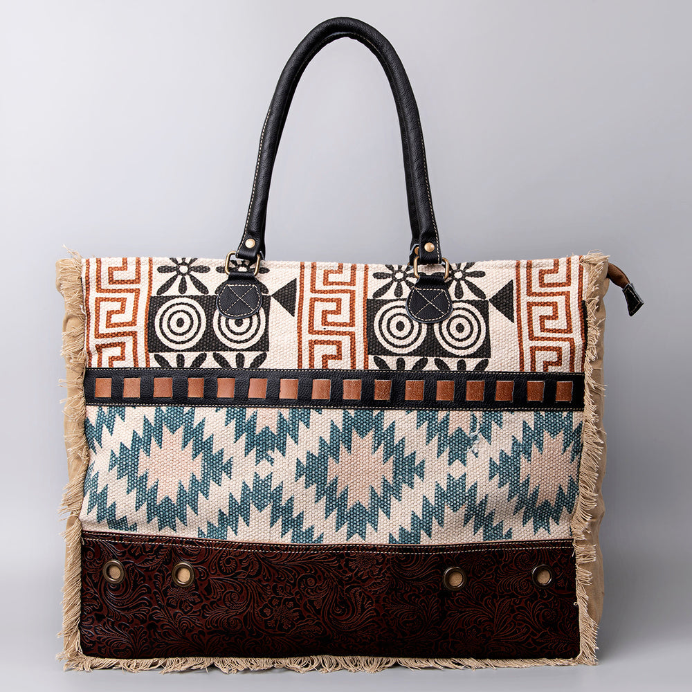 OHLAY Upcycled Wool Canvas Embossed Genuine Leather Tote