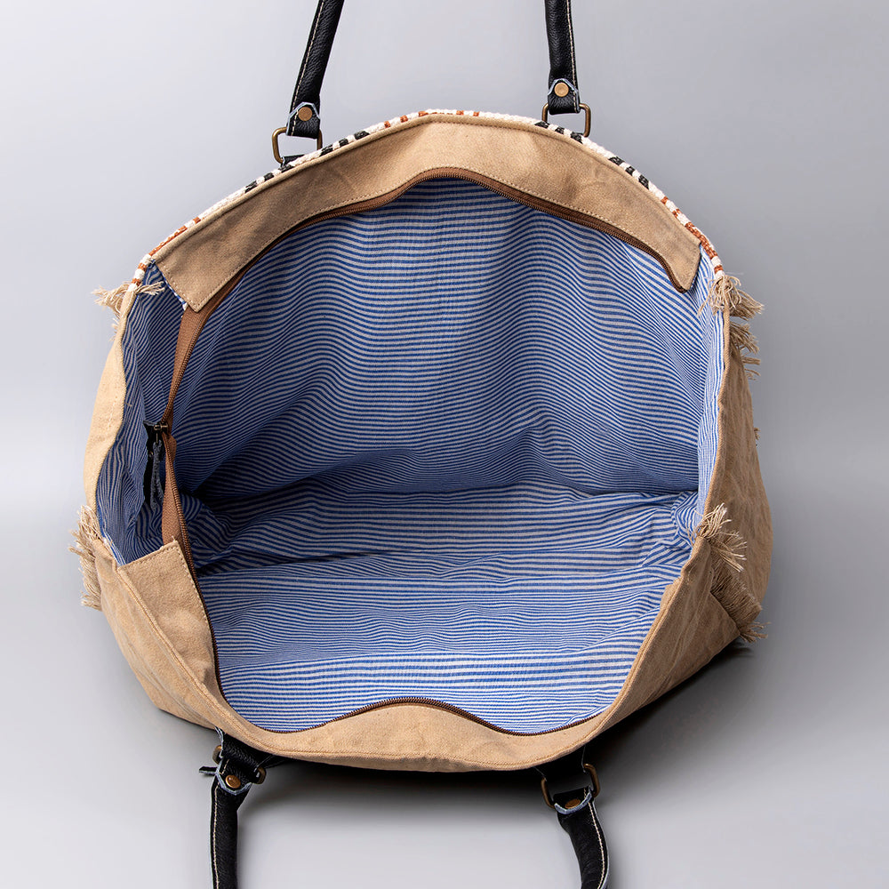 OHLAY Upcycled Wool Canvas Embossed Genuine Leather Tote