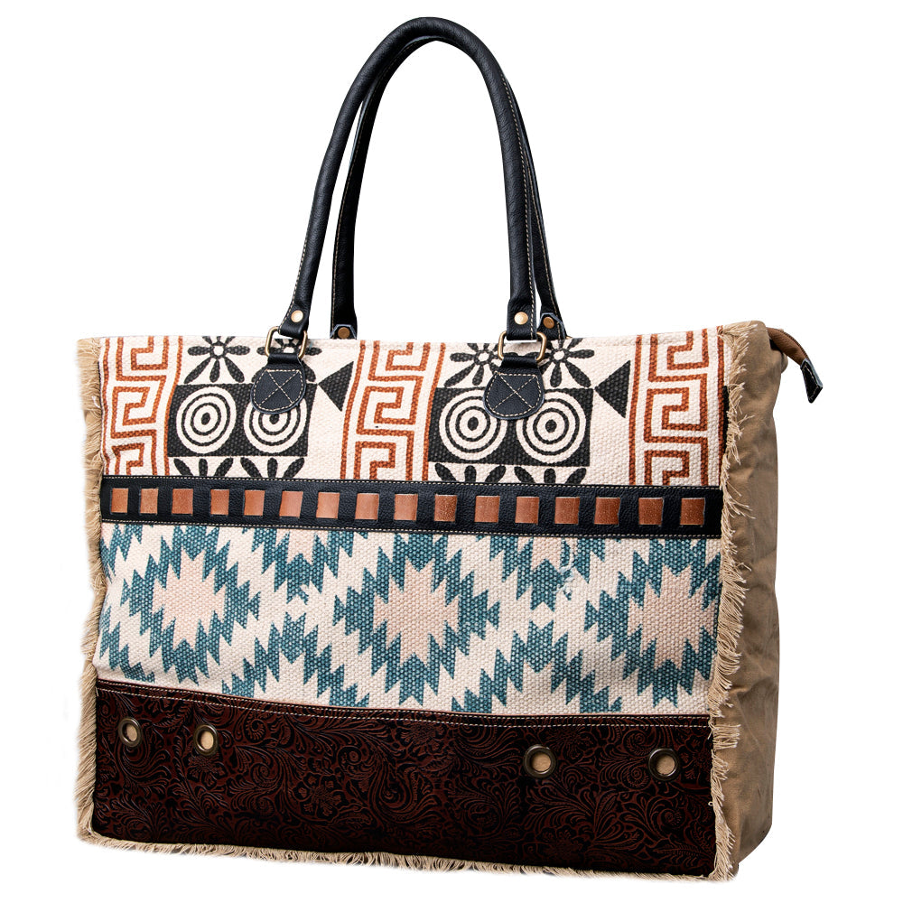 OHLAY Upcycled Wool Canvas Embossed Genuine Leather Tote