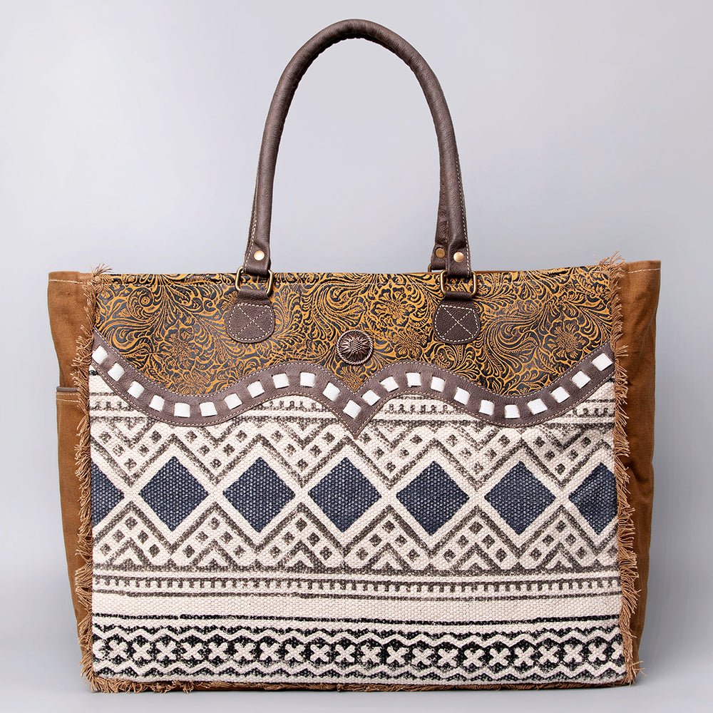 OHLAY Weekender Upcycled Wool Canvas Embossed Genuine Leather Women Bag Western Handbag Purse Womens Handbags Belt for Summer