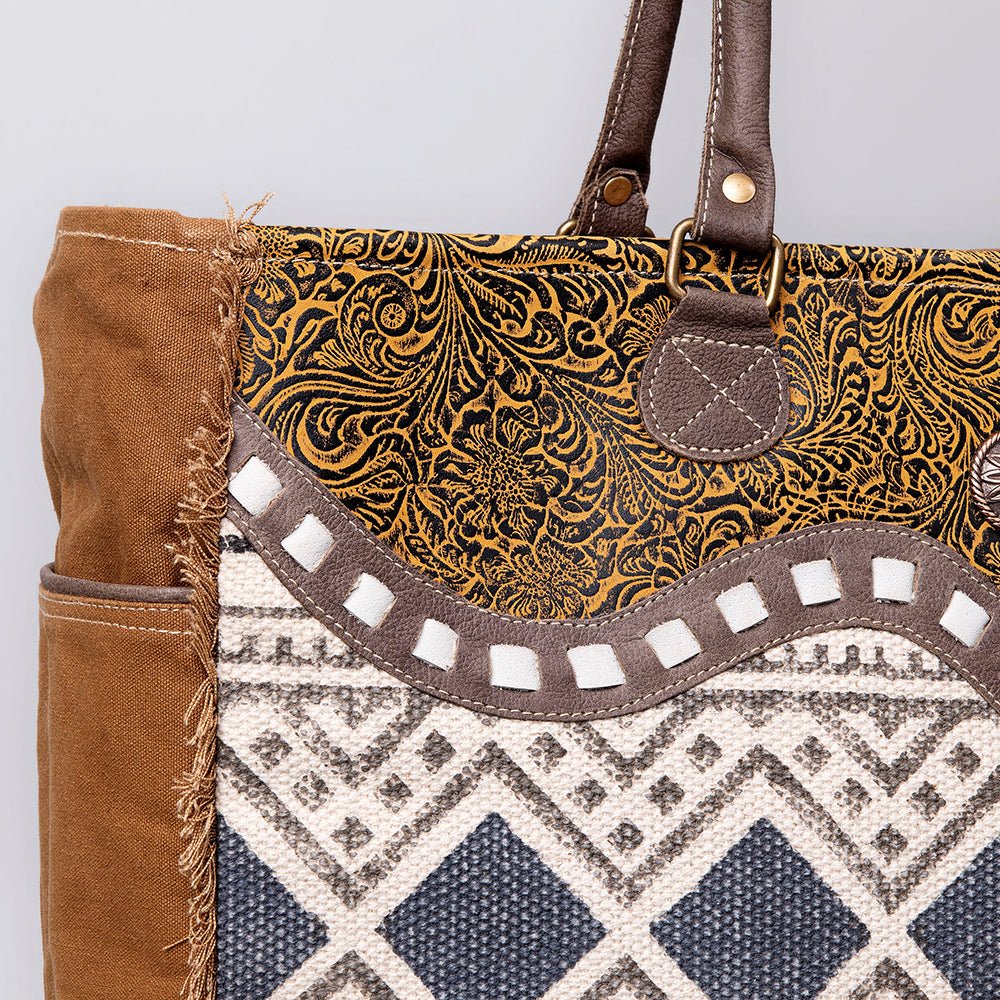 OHLAY Weekender Upcycled Wool Canvas Embossed Genuine Leather Women Bag Western Handbag Purse Womens Handbags Belt for Summer