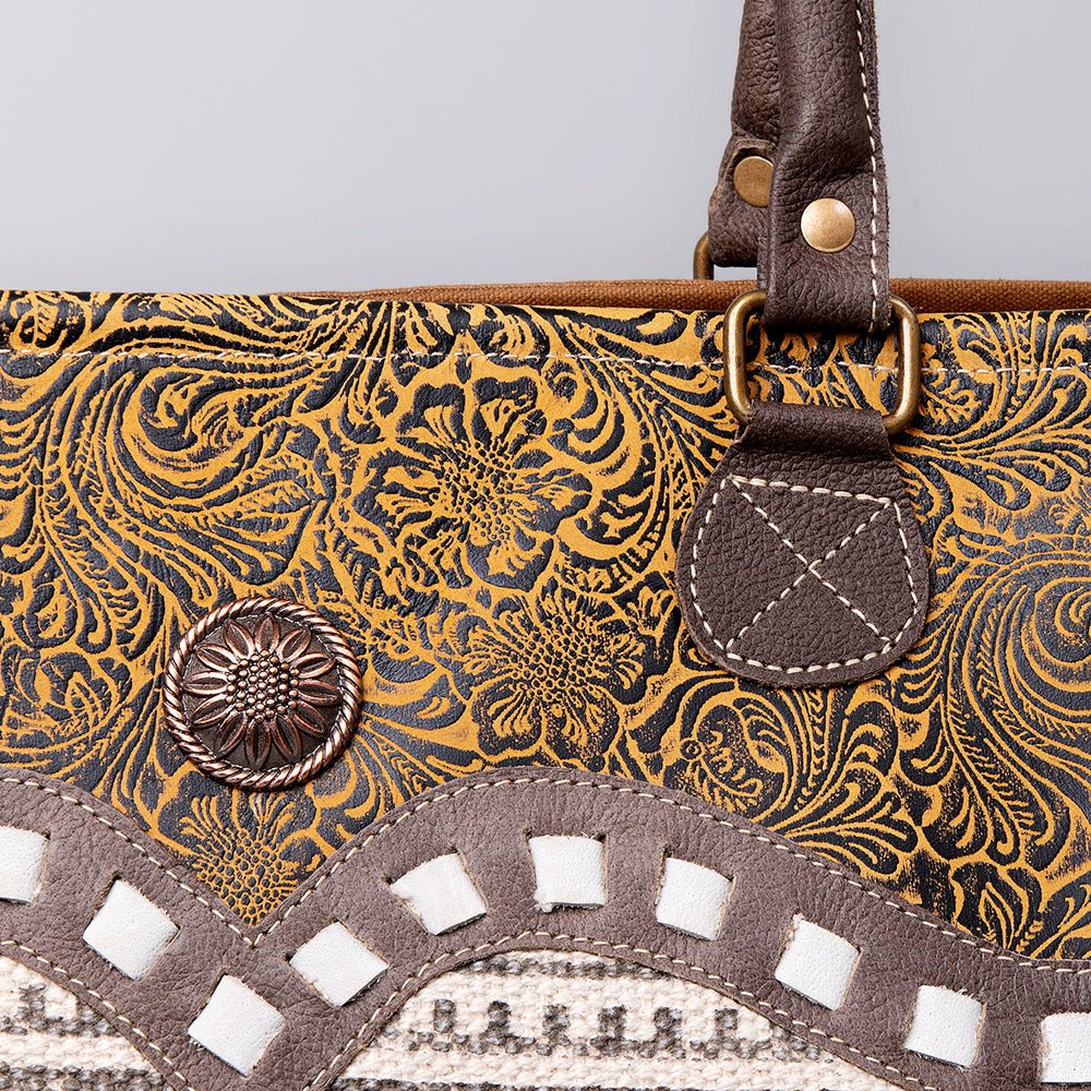 OHLAY Weekender Upcycled Wool Canvas Embossed Genuine Leather Women Bag Western Handbag Purse Womens Handbags Belt for Summer