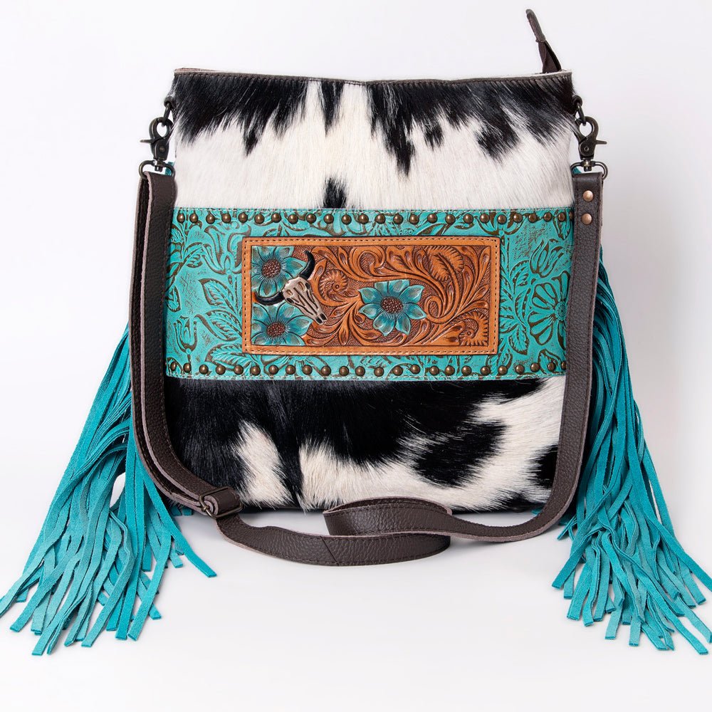 Ohlay Messenger Hand Tooled Embossed Hair-on Genuine Leather