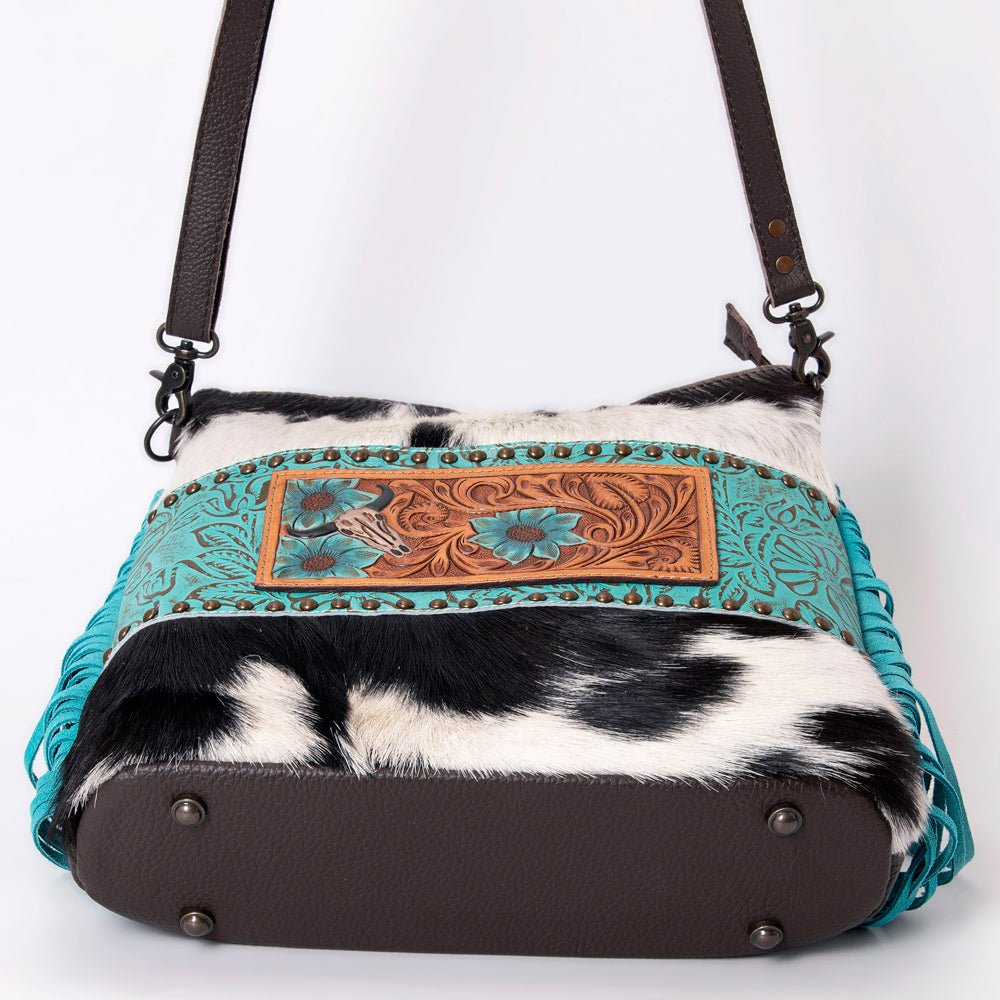 Ohlay Messenger Hand Tooled Embossed Hair-on Genuine Leather