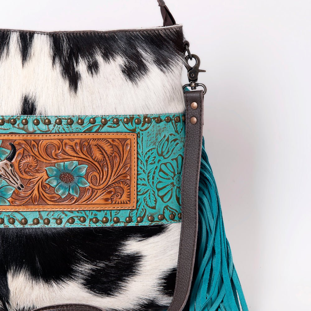 Ohlay Messenger Hand Tooled Embossed Hair-on Genuine Leather