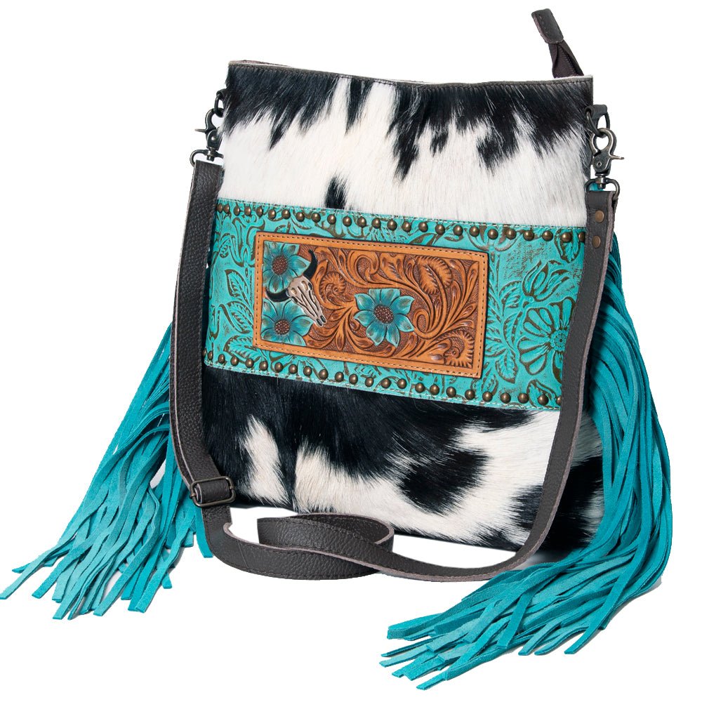 Ohlay Messenger Hand Tooled Embossed Hair-on Genuine Leather