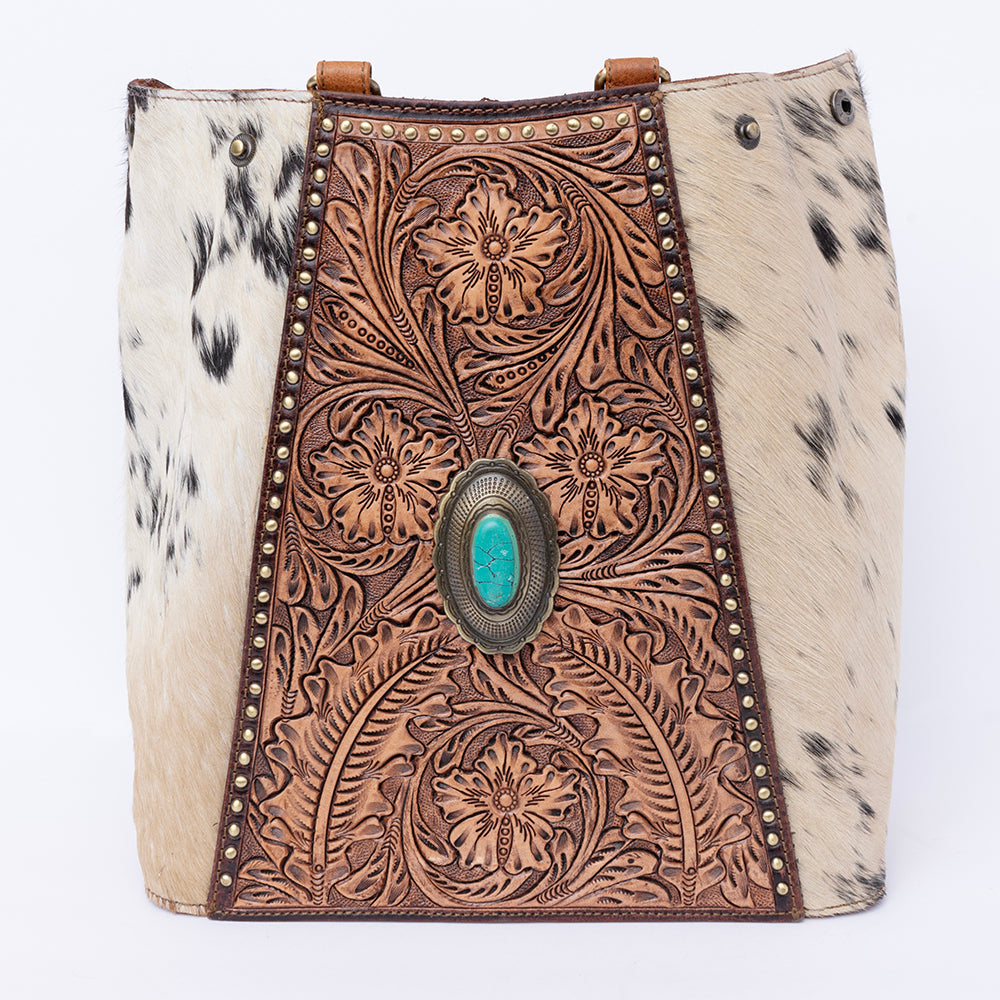 American Darling Tote Bag, Hand-Tooled Floral Western Leather Purse with Turquoise Stone, 12in (H) X 6.5in (W) X 12in (D)