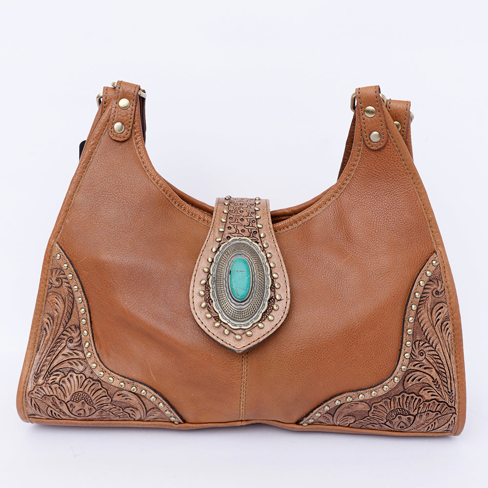American Darling Hobo Bag, Hand-Tooled Floral Western Leather Purse with Turquoise Stone, 8in (H) X 5in (W) X 13in (D)