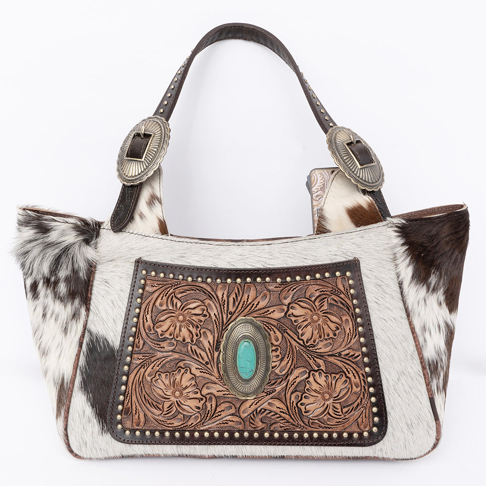 American Darling Hobo Bag, Hand-Tooled Floral Western Leather Purse, Hair-On Cowhide, Turquoise Stone, 8in (H) X 4.5in (W) X 13in (D)