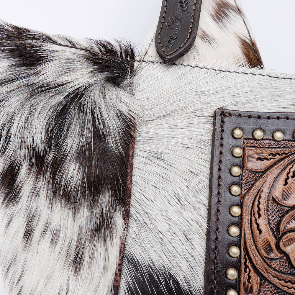 American Darling Hobo Bag, Hand-Tooled Floral Western Leather Purse, Hair-On Cowhide, Turquoise Stone, 8in (H) X 4.5in (W) X 13in (D)
