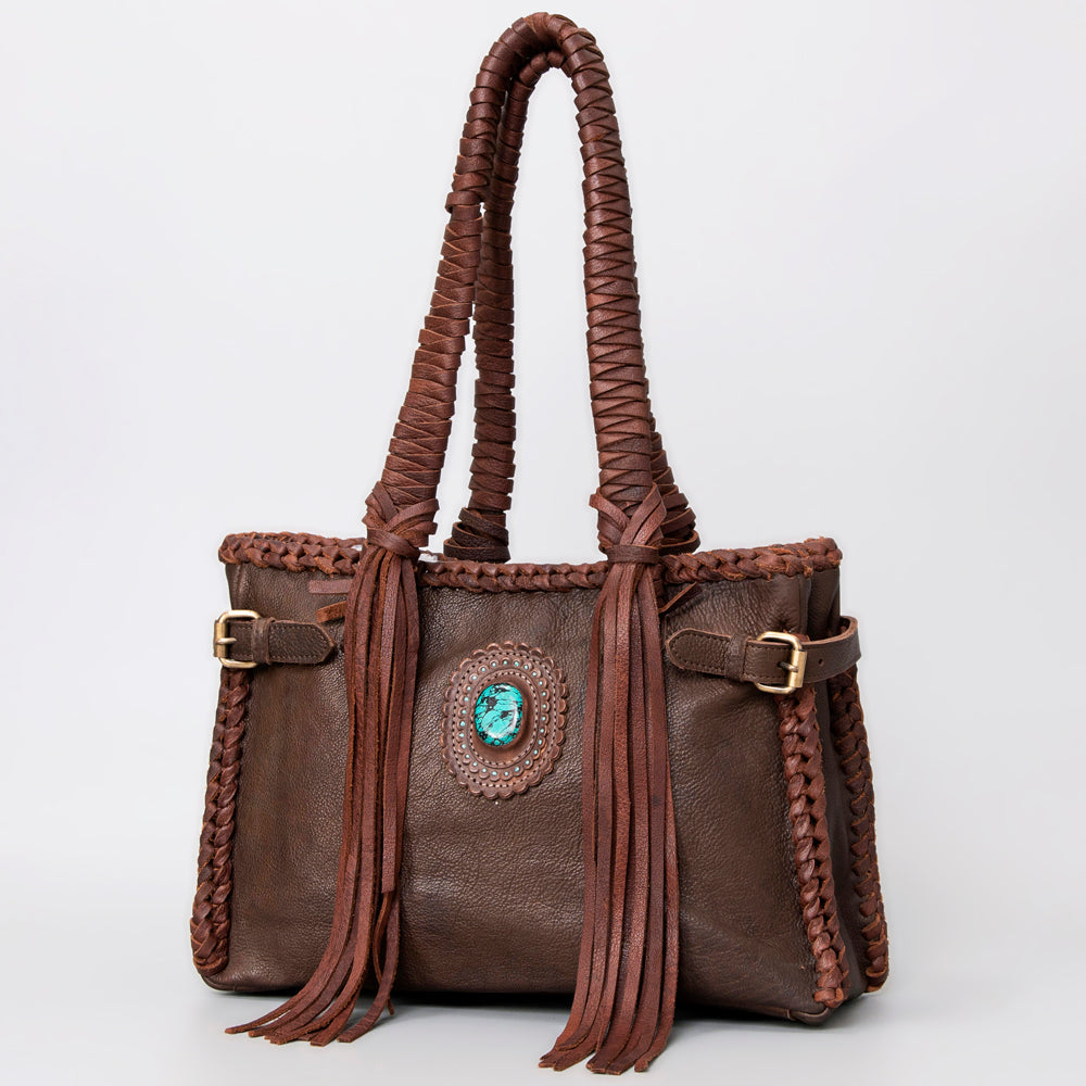 American Darling Tote Bag Western Genuine Leather Handcrafted Purse with Fringes and Turquoise Stone and Braided Handles