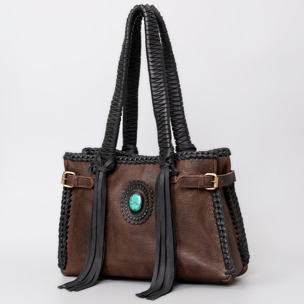 American Darling Tote Bag Western Genuine Leather Handcrafted Purse with Fringes and Turquoise Stone and Braided Handles