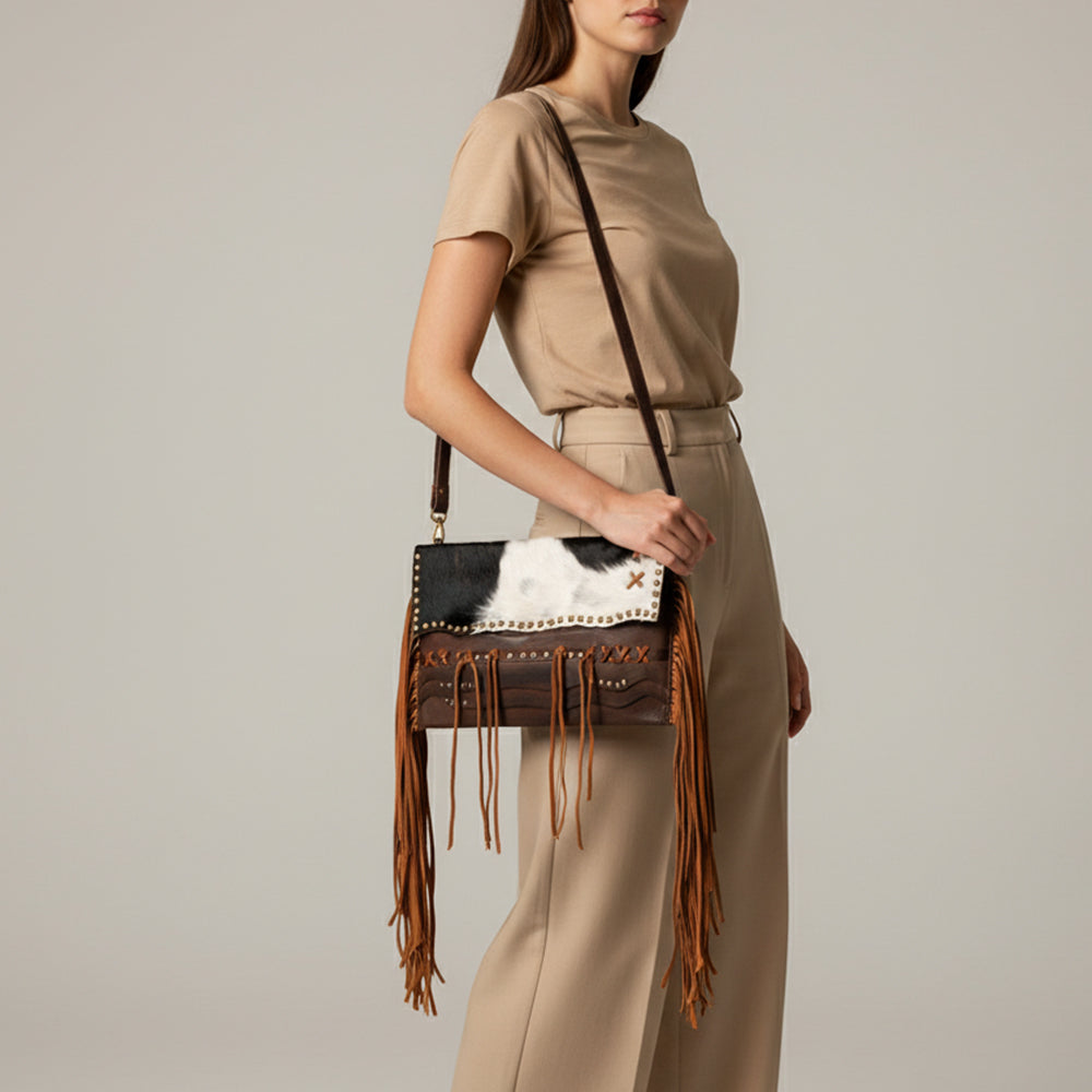American Darling Small Cross body Bag Western Hand Tooled Floral Carved Genuine Leather Purse with Fringes and Braided Detail