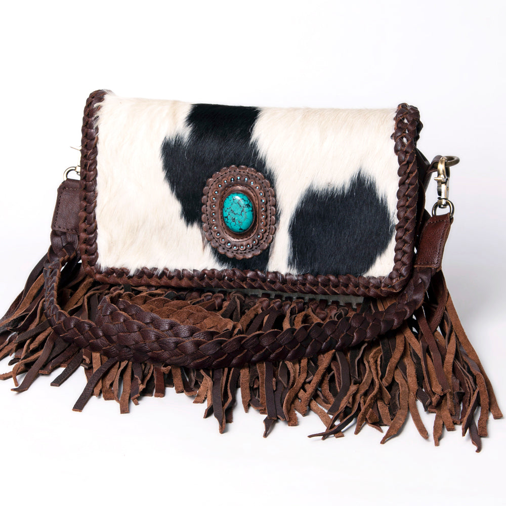 American Darling Wallet Western Genuine Leather Handcrafted Purse with Fringes, Braided Strap and Turquoise Stone
