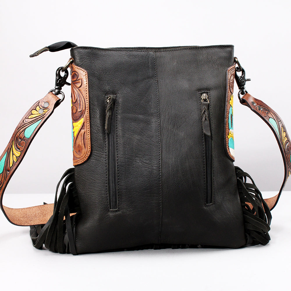 American Darling Large Cross body Bag Hand Tooled Floral Carved Genuine Leather Western Purse with Cowhide and Fringes