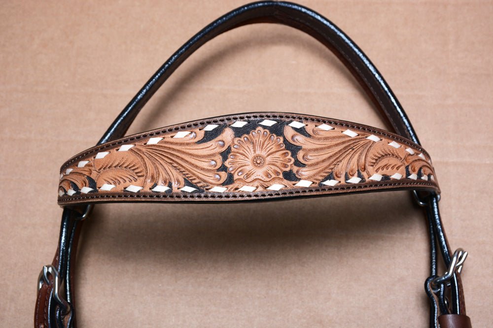 COMFYTACK By Hilason Western Horse Leather Breast Collar Headstall Set Side Buck Stitch Tan With Black Inlay
