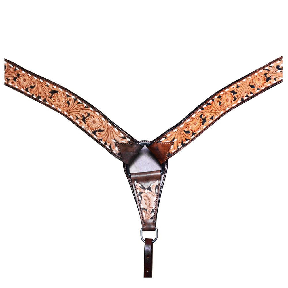 COMFYTACK By Hilason Western Horse Leather Breast Collar Headstall Set Side Buck Stitch Tan With Black Inlay