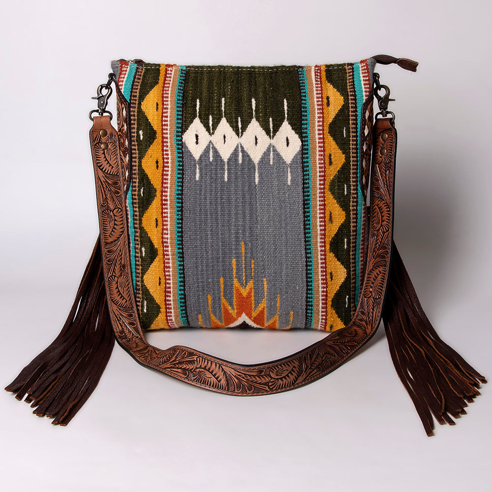 American Darling Cross body Bag Hand Woven Saddle Blanket Hand Tooled Western Leather Purse with Fringes 15in x 15in x 3in