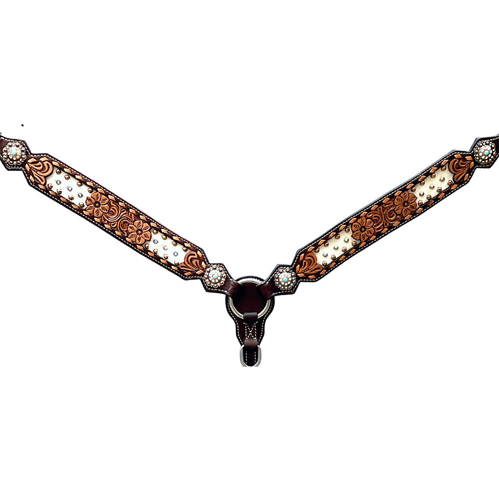 Bar H Equine Horse Genuine Leather Floral Design Breast Collar ,Headstall Brown