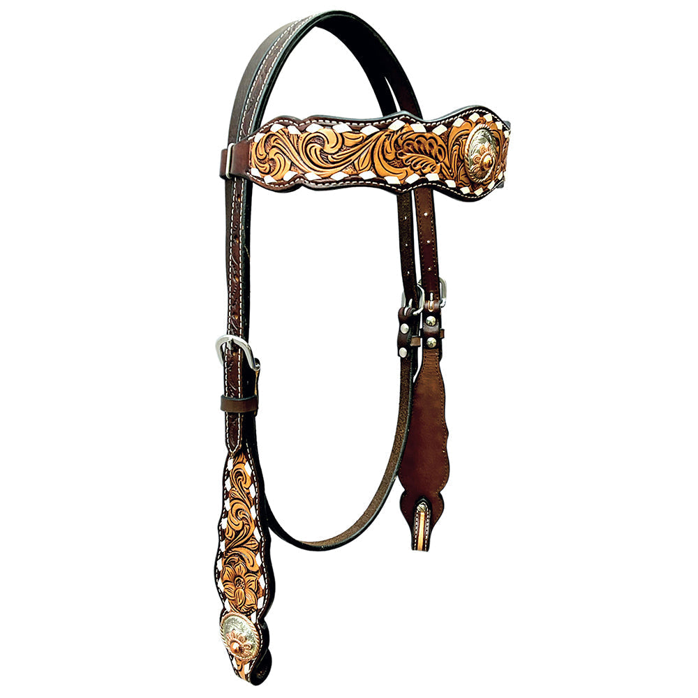 Bar H Equine Horse Genuine Leather Floral Design Breast Collar ,Headstall Brown