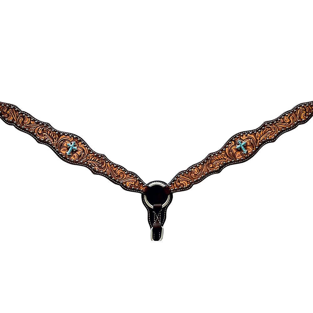 Bar H Equine Horse Genuine Leather Floral Design Breast Collar ,Headstall Brown