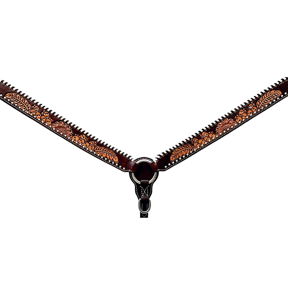 Bar H Equine Horse Genuine Leather Floral Design With Buckstitch Breast Collar ,Headstall Brown