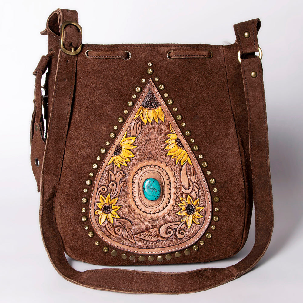American Darling Bucket Bag Western Hand Tooled Floral Carved Suede Leather Purse with Drawstring and YKK Zipper