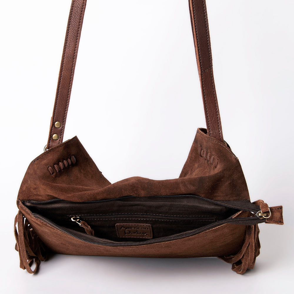 American Darling Small Cross body Bag Western Hand Tooled Floral Carved Genuine Leather Purse with Fringes and Braided Detail