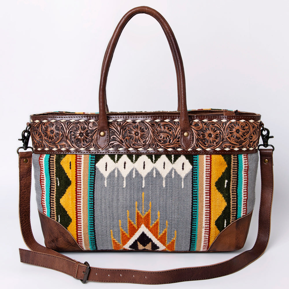 American Darling Tote Bag Western Leather Hand Tooled Floral Carved Hand Woven Saddle Blanket Genuine Leather 12x16
