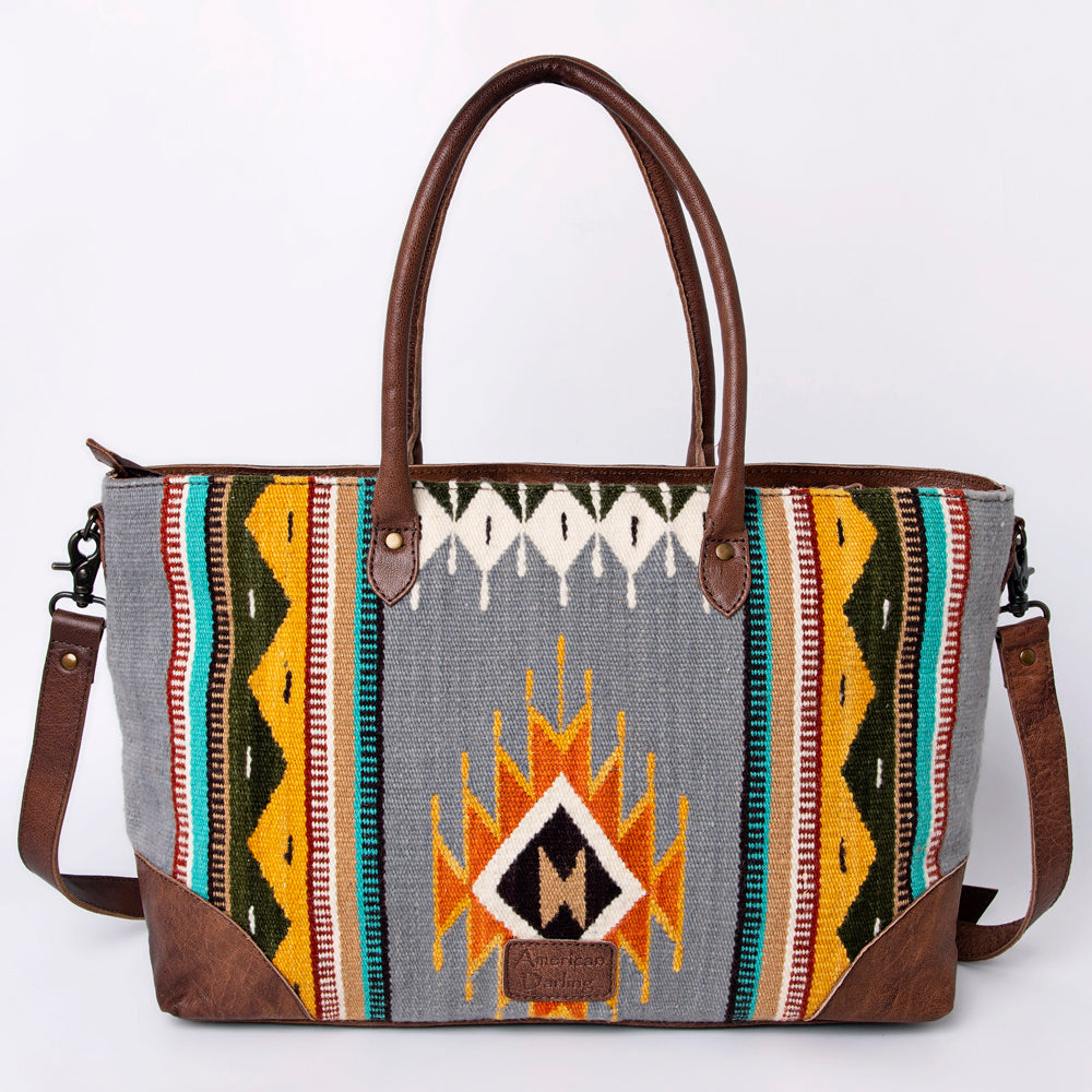 American Darling Tote Bag Western Leather Hand Tooled Floral Carved Hand Woven Saddle Blanket Genuine Leather 12x16