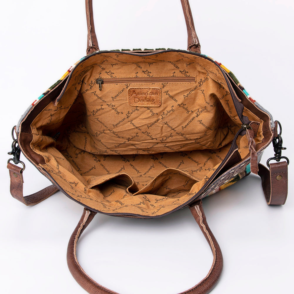 American Darling Tote Bag Western Leather Hand Tooled Floral Carved Hand Woven Saddle Blanket Genuine Leather 12x16