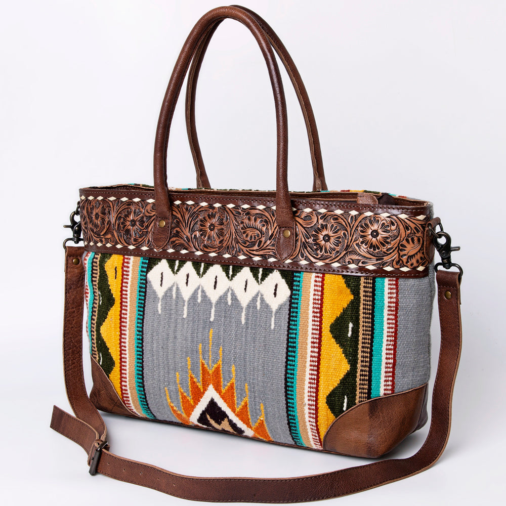 American Darling Tote Bag Western Leather Hand Tooled Floral Carved Hand Woven Saddle Blanket Genuine Leather 12x16