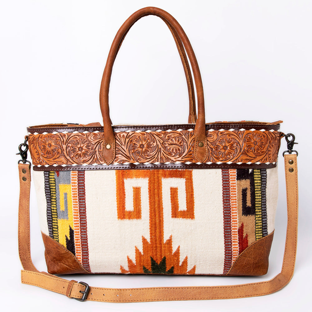 American Darling Tote Bag Western Leather Hand Tooled Floral Carved Hand Woven Saddle Blanket Genuine Leather 12x16
