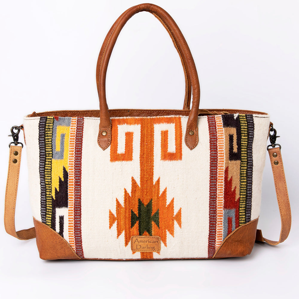 American Darling Tote Bag Western Leather Hand Tooled Floral Carved Hand Woven Saddle Blanket Genuine Leather 12x16